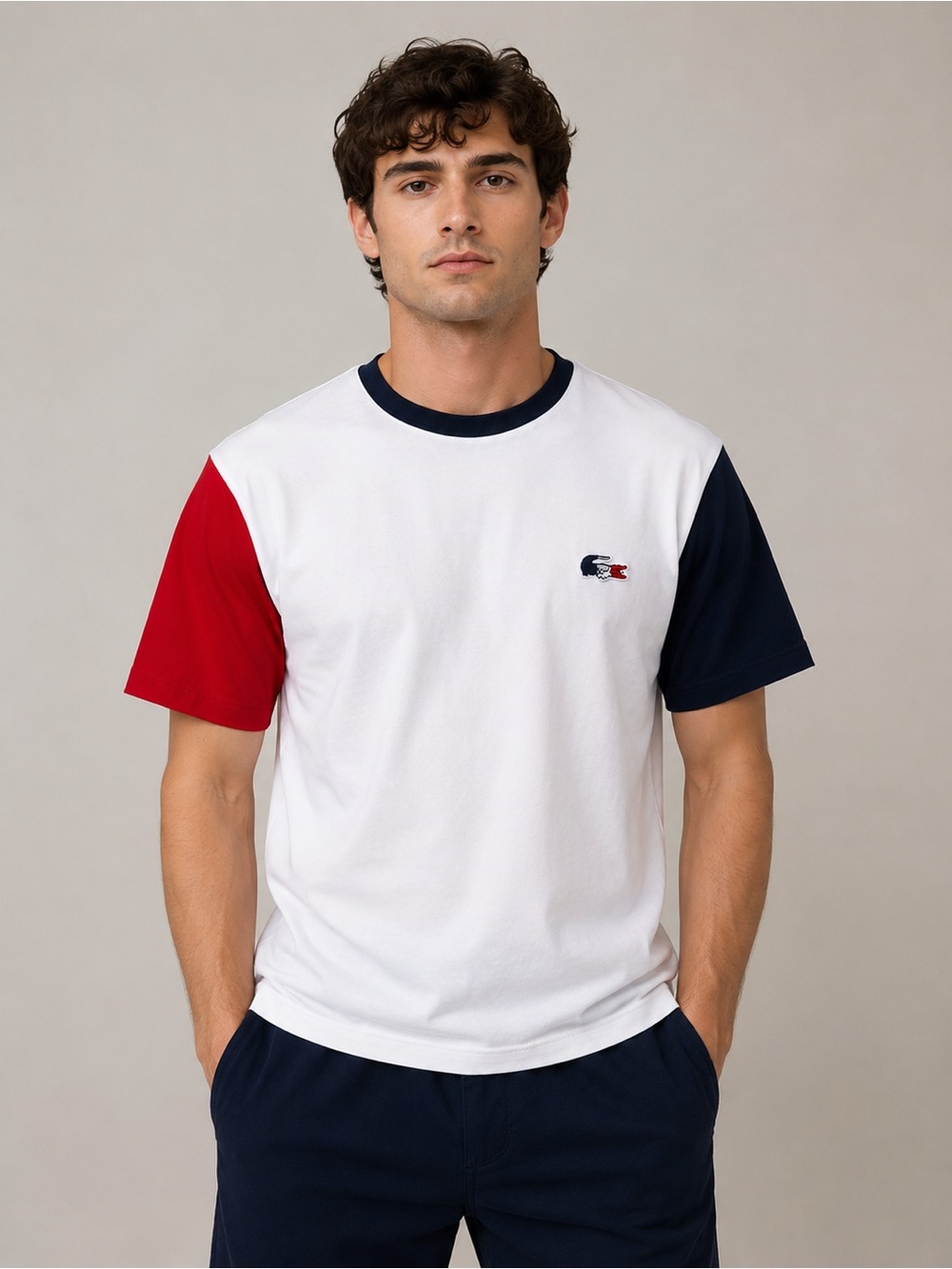 Lacoste Sport Ultra Dry Colorblock T-Shirt Men's Medium White Red Navy Tee - Picture 1 of 8